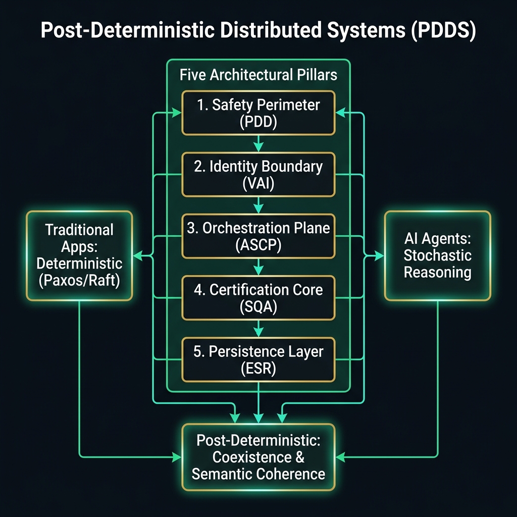 Five Architectural Pillars of Post-Deterministic Distributed Systems